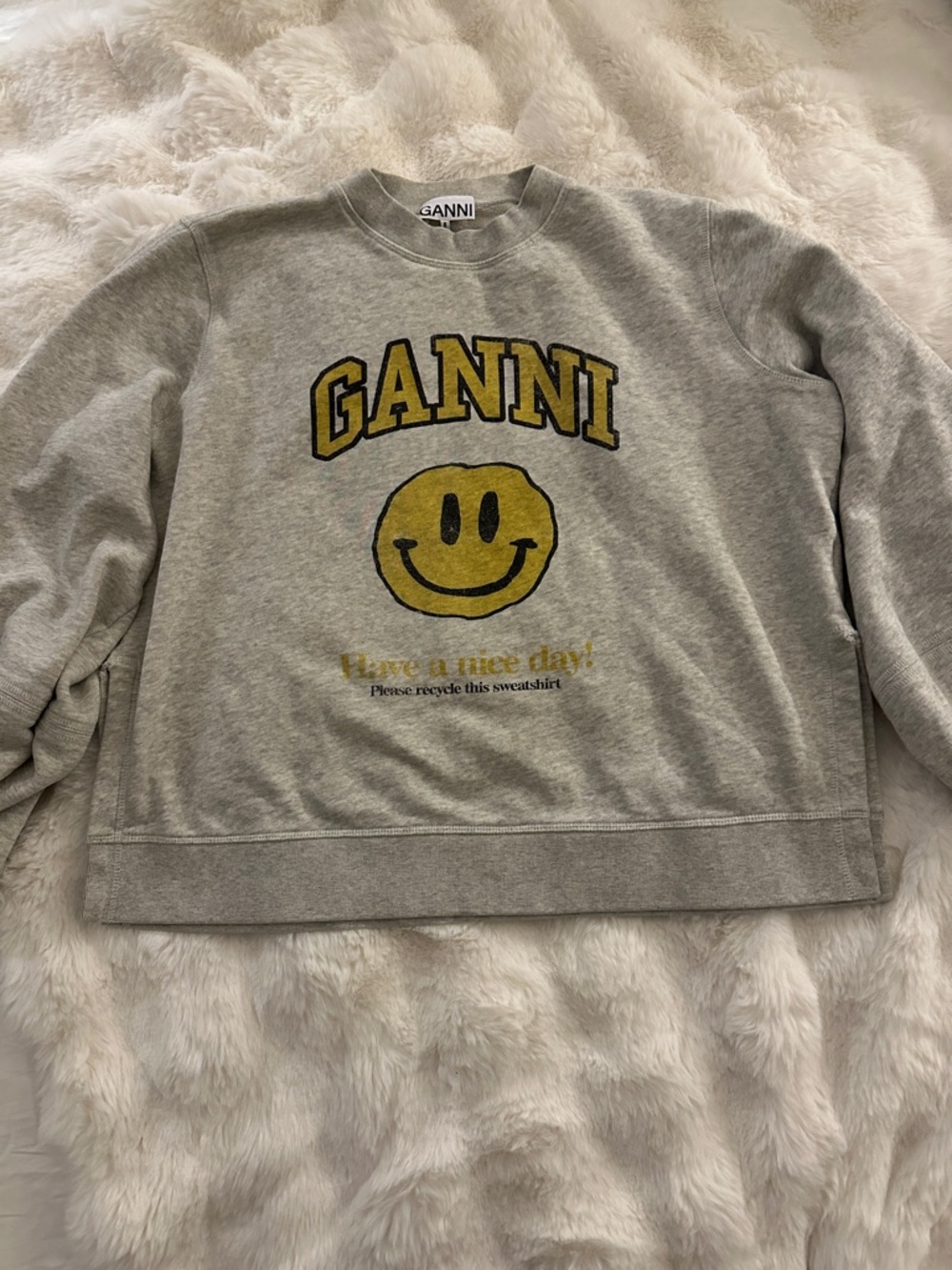 Rare Ganni Grey Crewneck Sweatshirt smiling face edition Large